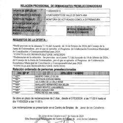 RELACIÓN PROVISIONAL DE DEMANDANTES PRESELECCIONADOS/AS PARA MONITOR/A DE ACTIVIDADES CONCILIA EXTREMADURA