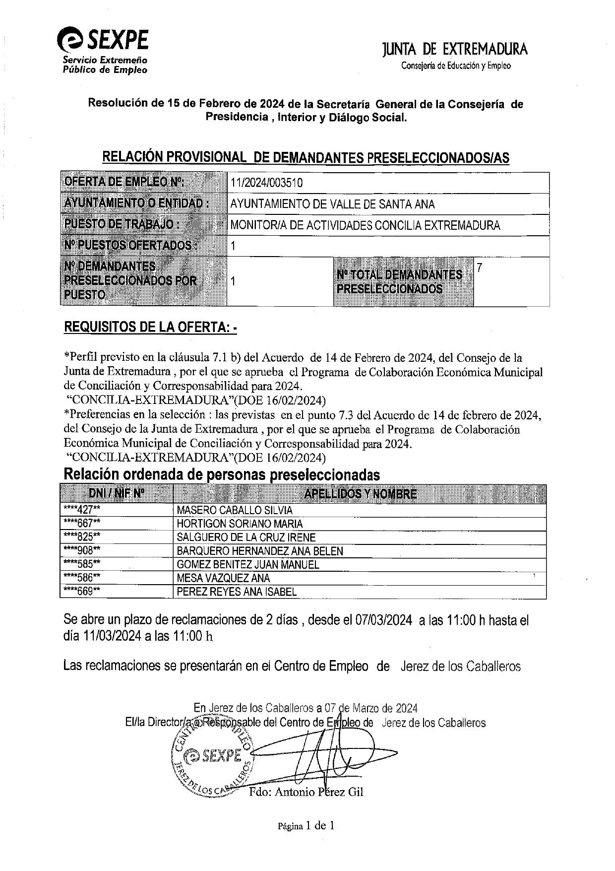 RELACIÓN PROVISIONAL DE DEMANDANTES PRESELECCIONADOS/AS PARA MONITOR/A DE ACTIVIDADES CONCILIA EXTREMADURA